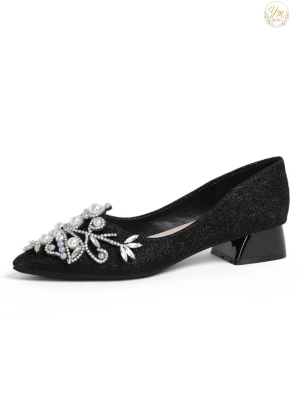 Women's Rhinestone Low Heel Dress Pumps Pointed Toe Pearl Diamond Wedding Work
